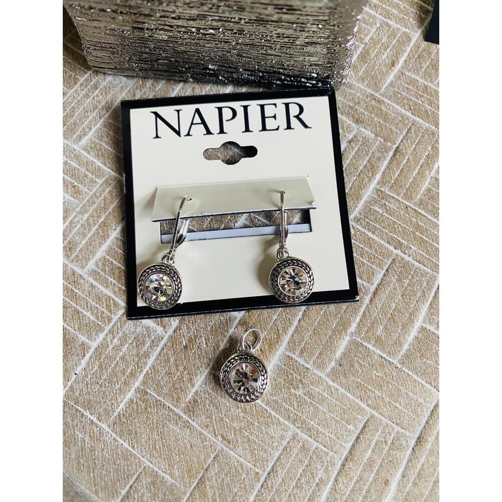 Napier Silver Tone Clear Crystal Earrings and Pendant Set